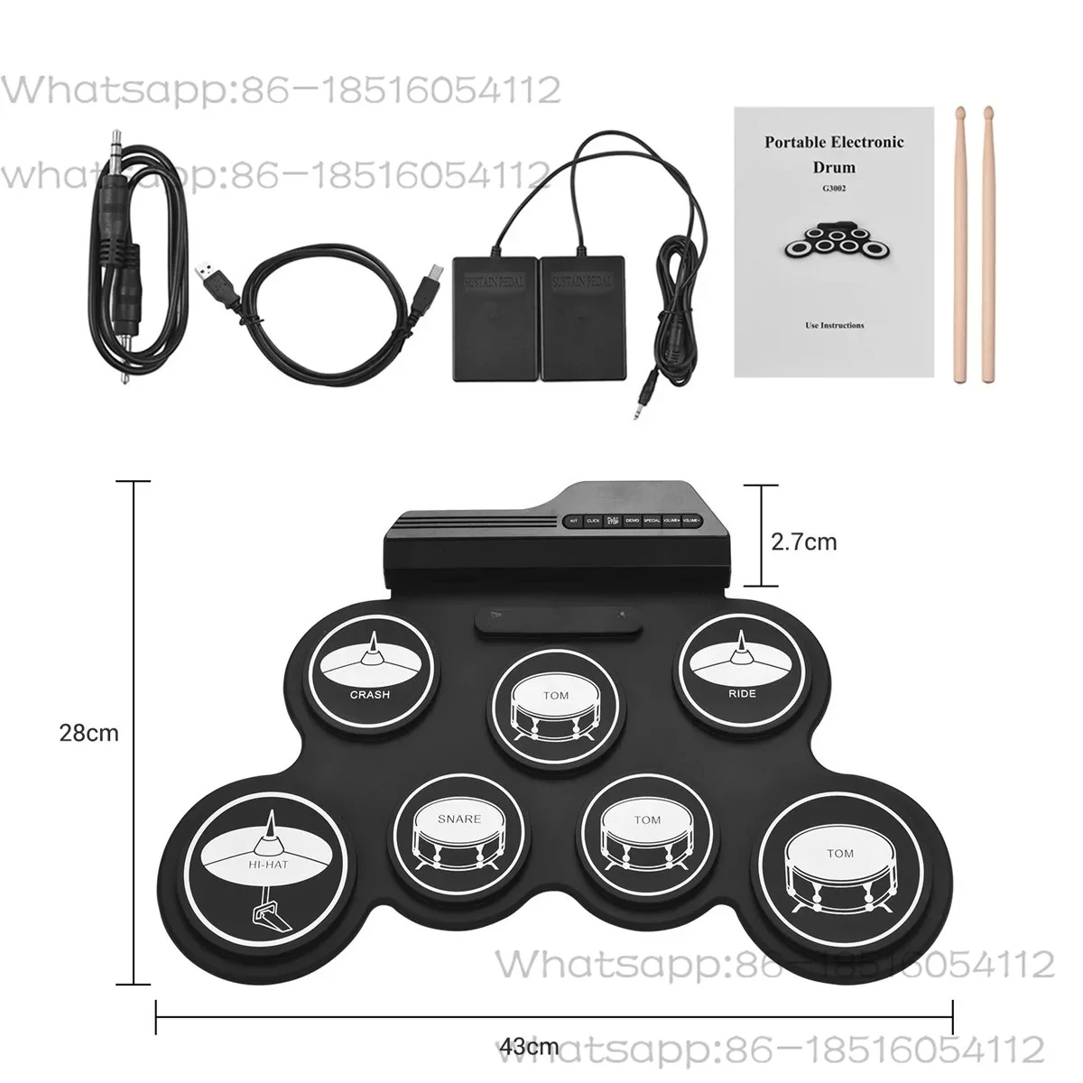 2022New Folding Silicone Hand Roll USB Electronic Drum Portable Practice Drums Pad Kit With Drumsticks Sustain Pedal