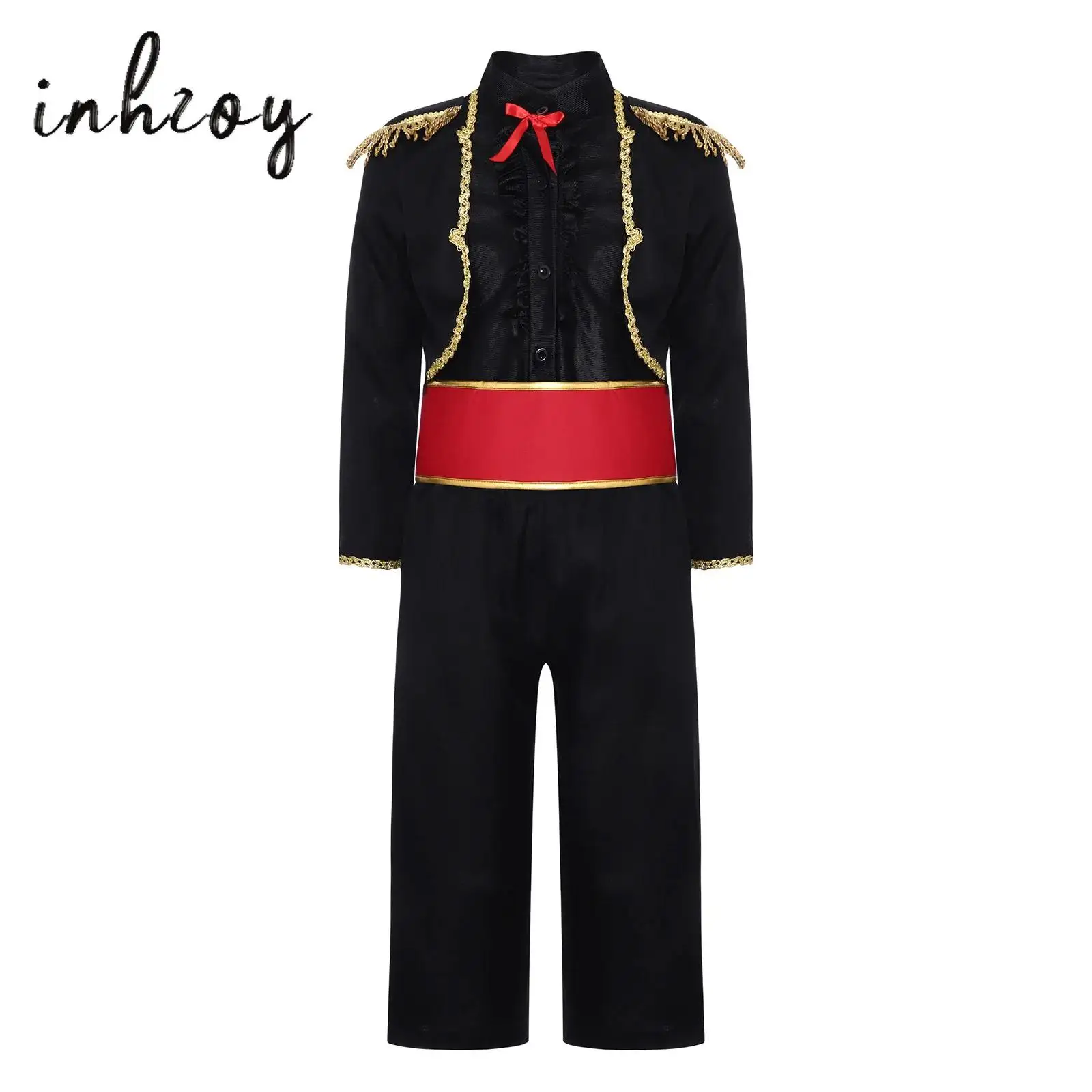 

Halloween Spanish Bullfighter Cosplay Outfit Boys Girls Flamenco Costume Stand Collar Long Sleeve Gold Tassel Top+Pants+Belt Set