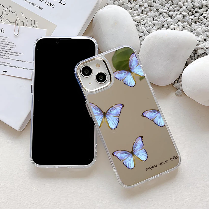 Plated Lens Ring Phone Case For Iphone 16 15 14 17 13 Pro 12 11 Max Plus 16Pro Mirror Phone Case Painted Butterfly 15Pro Cover