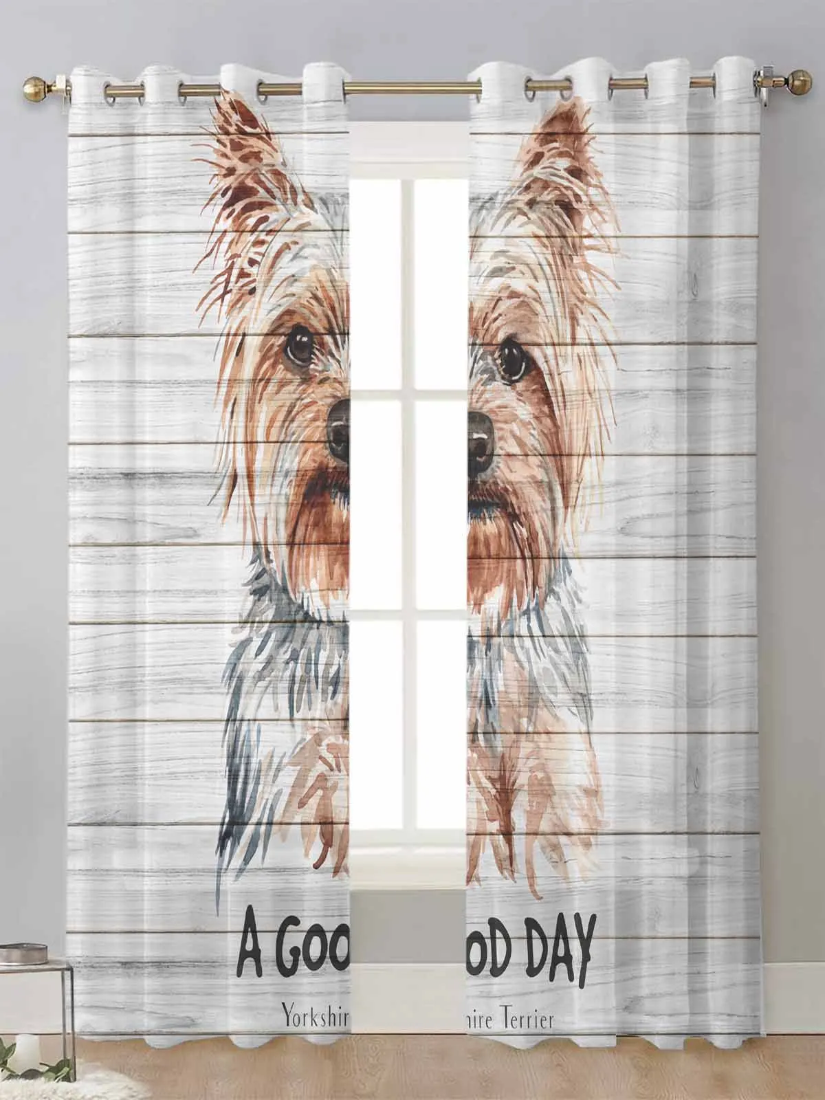 Pet Dog Wood Plank Texture Sheer Curtains For Living Room Window Transparent Voile Tulle Curtain Cortinas Drapes Home Decor