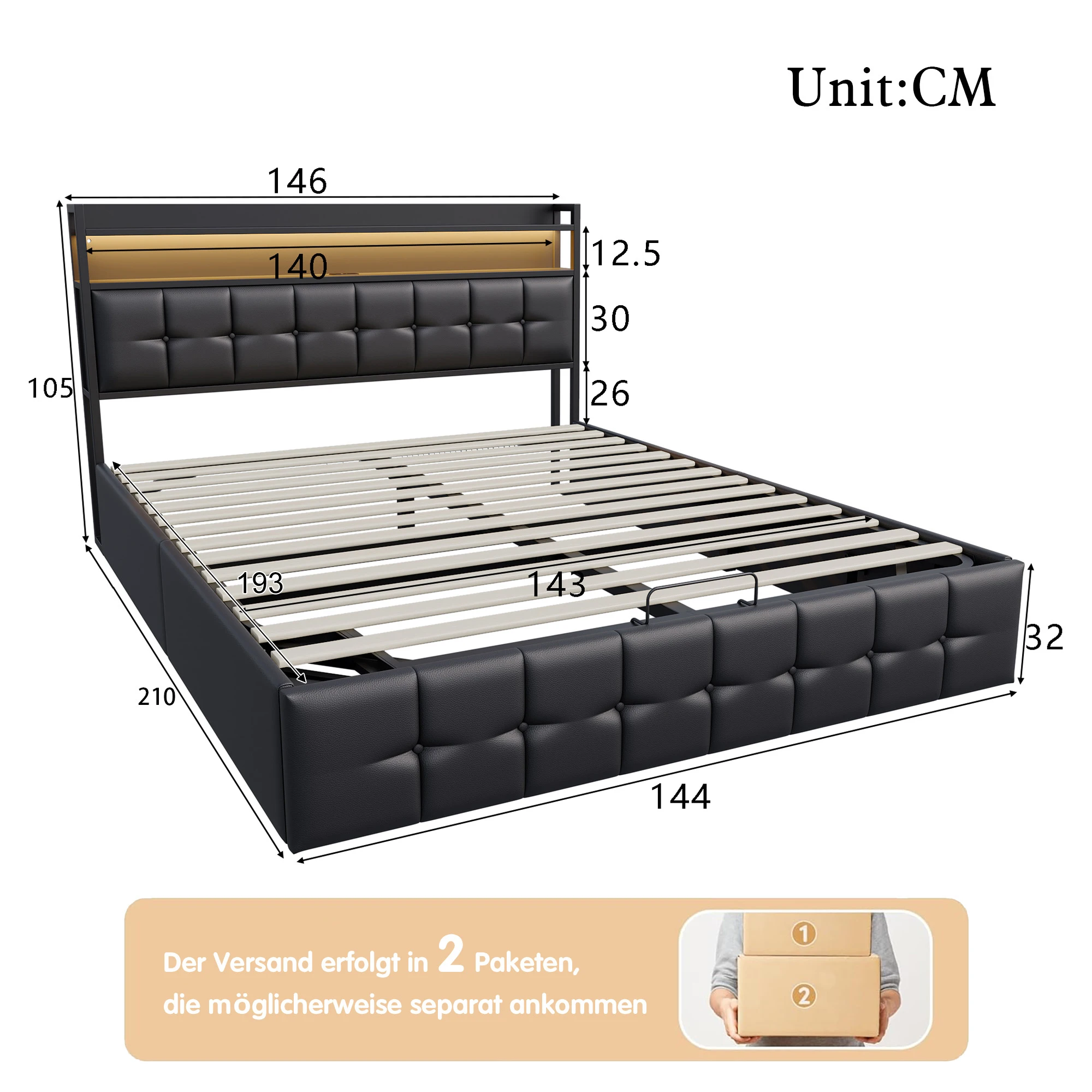 Comanlai 140x190cm Doppelbett-Gestell mit Polsterung, Pneumatischer Stauraum, LED-Beleuchtung, Ladeanschluss am Bett und Stauraum – Detail 2