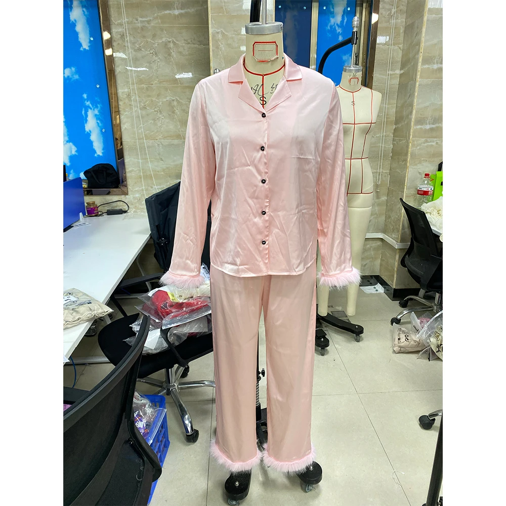 

Women Autumn 2 Pieces Pajama Sets Feather Trim Satin Long Sleeve Button-up Tops and Elastic Waist Pants Casual Sleepwear Outfits