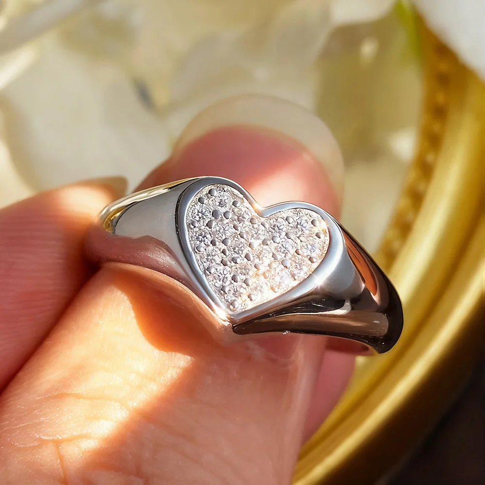 MUXIFC Heart Moissanite Hip Hop Ring for Women Men Chunky Wide Wedding Band 925 Sterling Silver D Color Diamond GRA Certificate