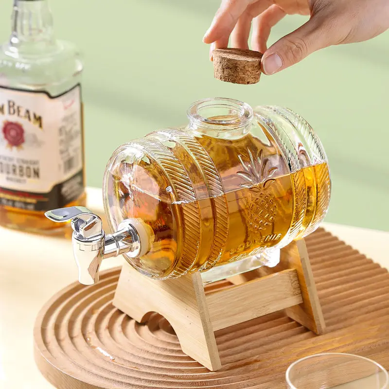 1L Glass Whiskey Barrel Wine Barrel Chopp Growler Beer Bottle Fruit Wine Aging Alcohol Honey Storage Container With Base Faucet