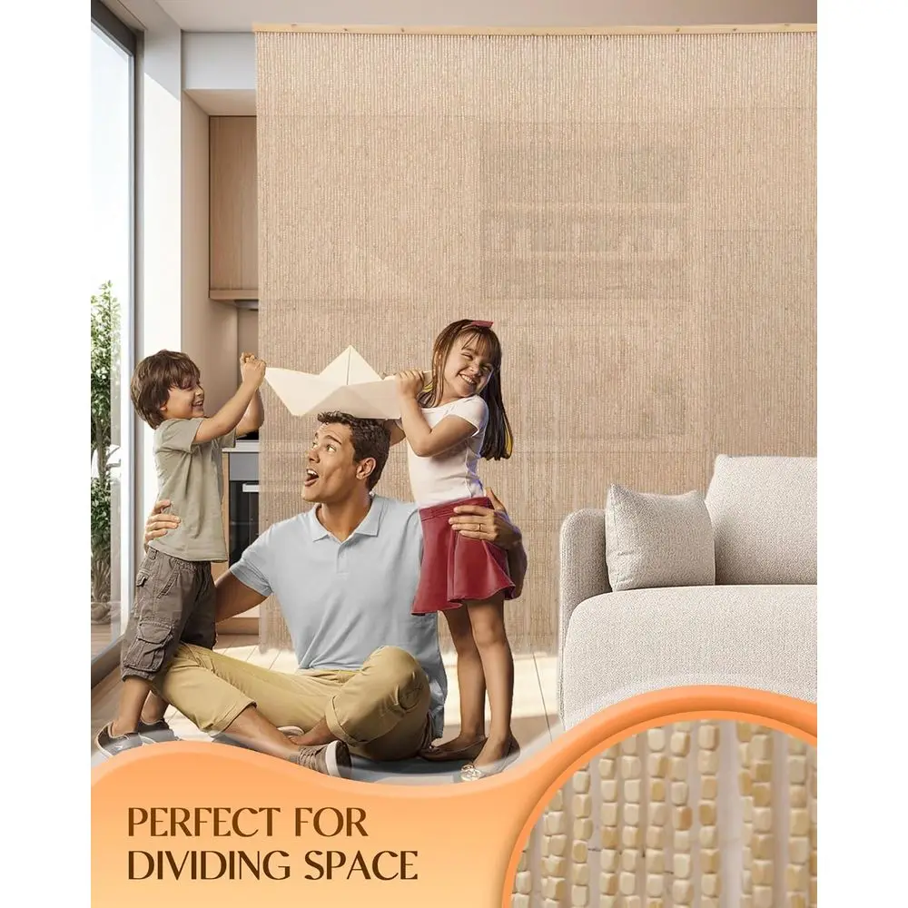 Natürlicher Boho-Perlenvorhang, 35,5 x 79, handgefertigte Bambus- und Holzperlen, Raumteiler und Insektenschutz, Beige