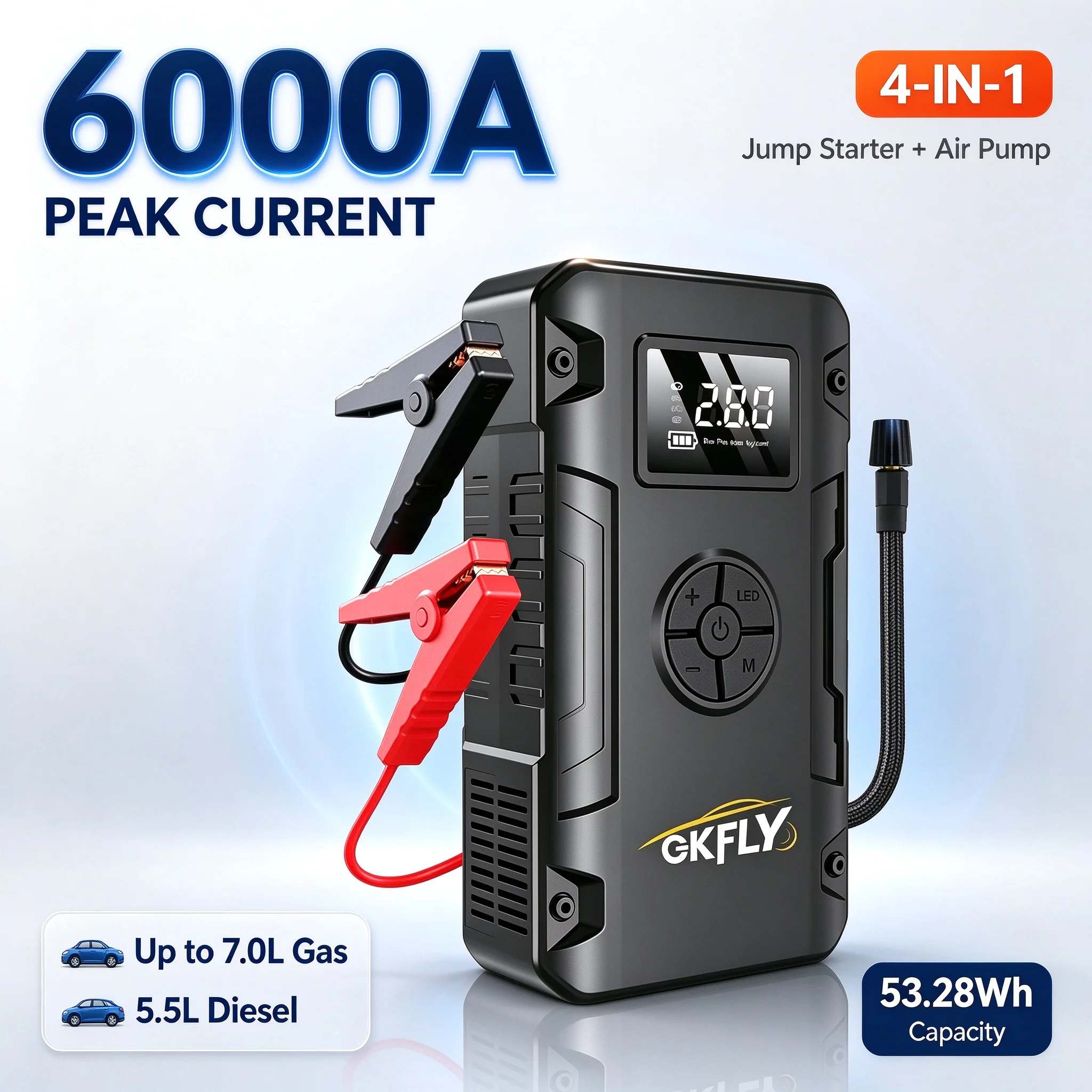 ​​GKFLY 6000A 4-in-1 Jump Starter, 150PSI Air Compressor, 12V Power Bank with LCD Display, 7.0L Gas/5.5L Diesel