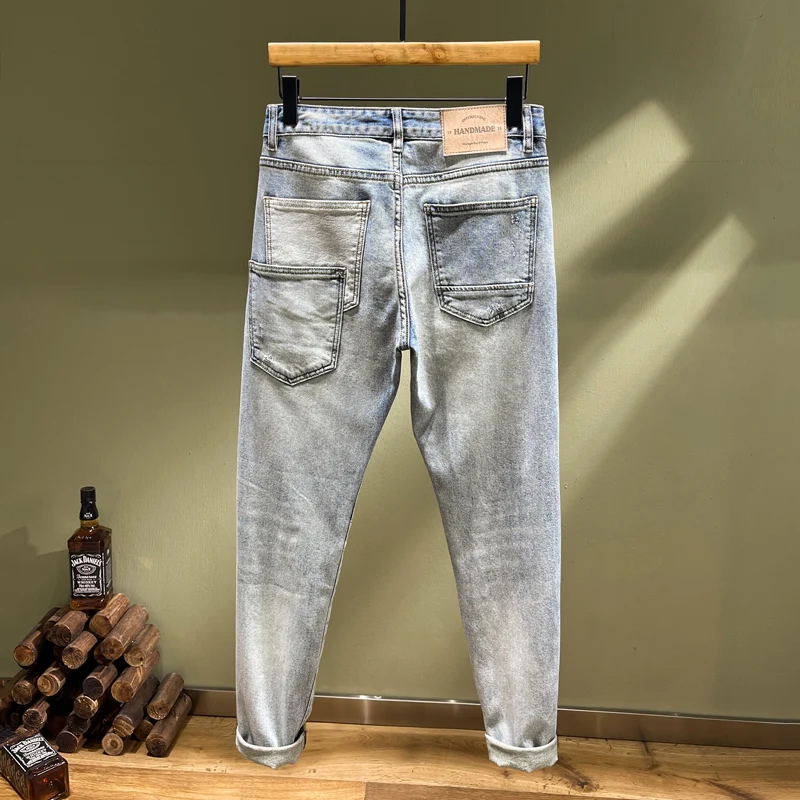 High Street Fashion Heren Jeans Retro Gewassen Blauwe Stretch Slim Fit Gescheurde Jeans Heren Patched Designer Hiphop Denim Broek Hombre