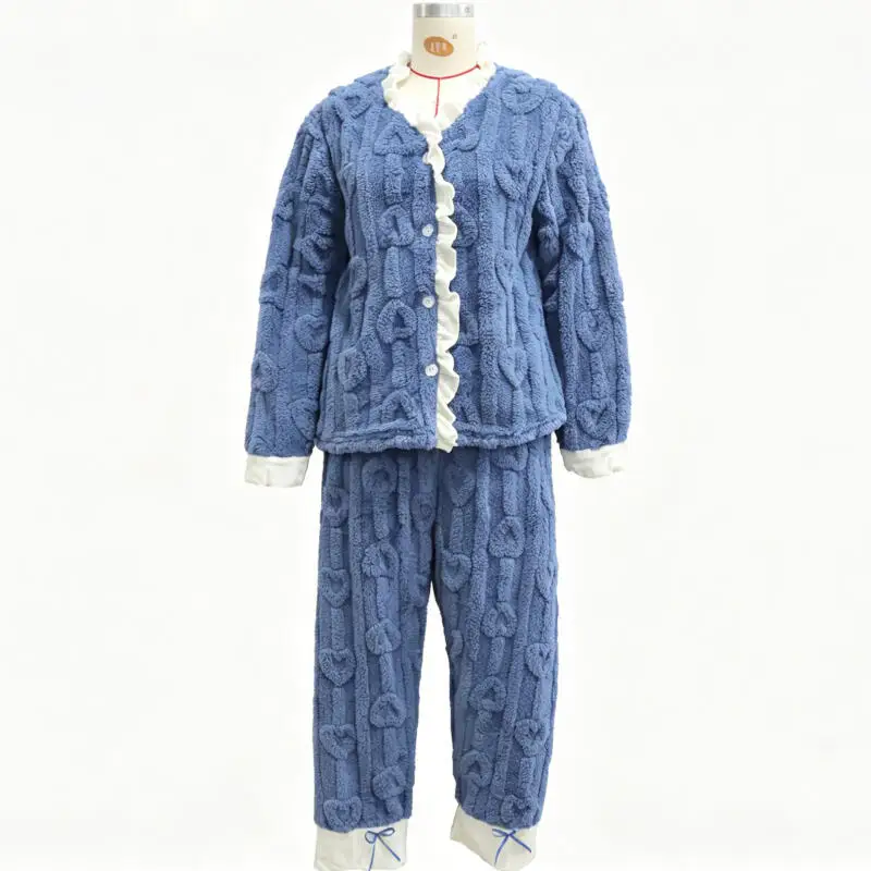 Autumn Winter New Heart Jacquard Pajamas Color Blocking Homewear 2 Pcs Sleep Set Thicken Warm Casual Loungewear Comfy Sleepwear