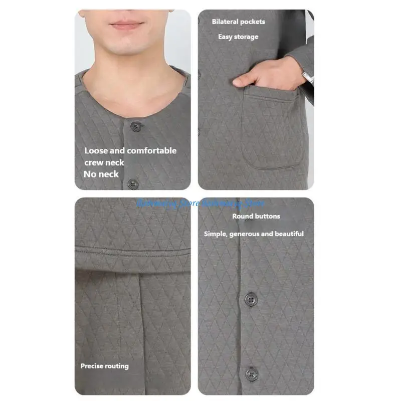 573B Men's Hospital Gown Patients Pajama Outfit Quilted Design with Buttons for Easy Changes During Cold Weather