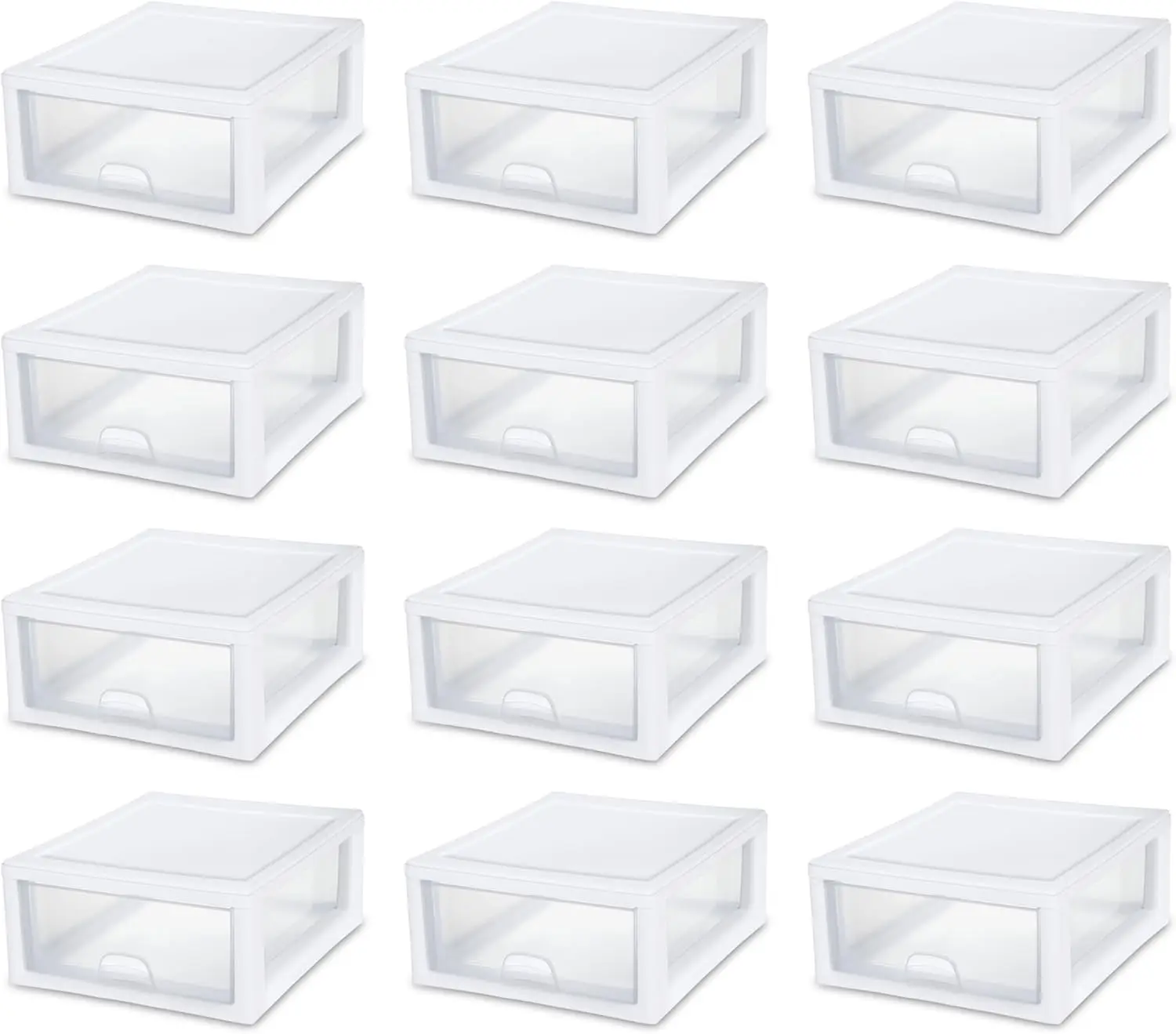 Twelve Pack Stacking Drawers, Clear Storage Closet Organizer, Sixteen Quart White Frame, Stackable Modular Plastic Design
