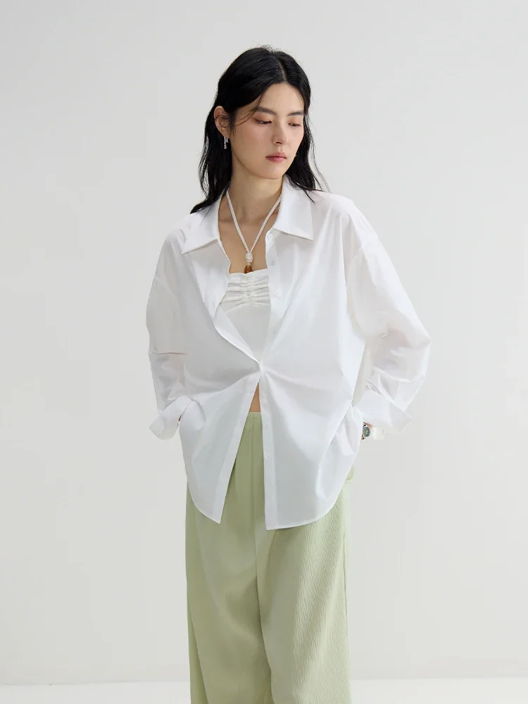 DUSHU Women Summer Long Sleeve Blouse White Thin All-Match Solid Shirts Single Breasted Sun Protecting Female Tops 24DS82768