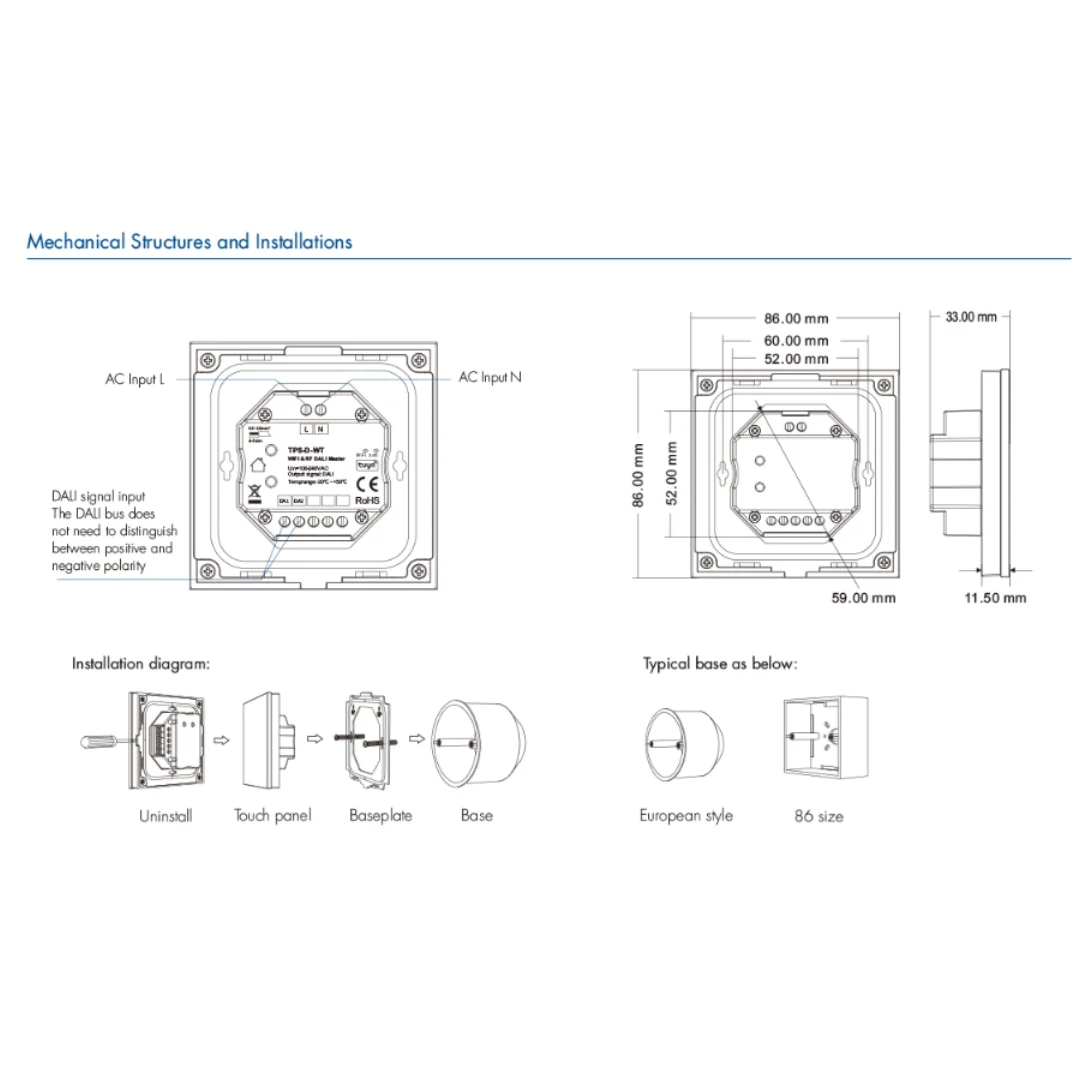 AC100-240V TPS-D-WT Tuya App 5in1 WiFi+RF Wall Mounted Touch DALI Panel 1CH*2mA Single Color CCT RGB RGBW RGBCCT Led Strip Light
