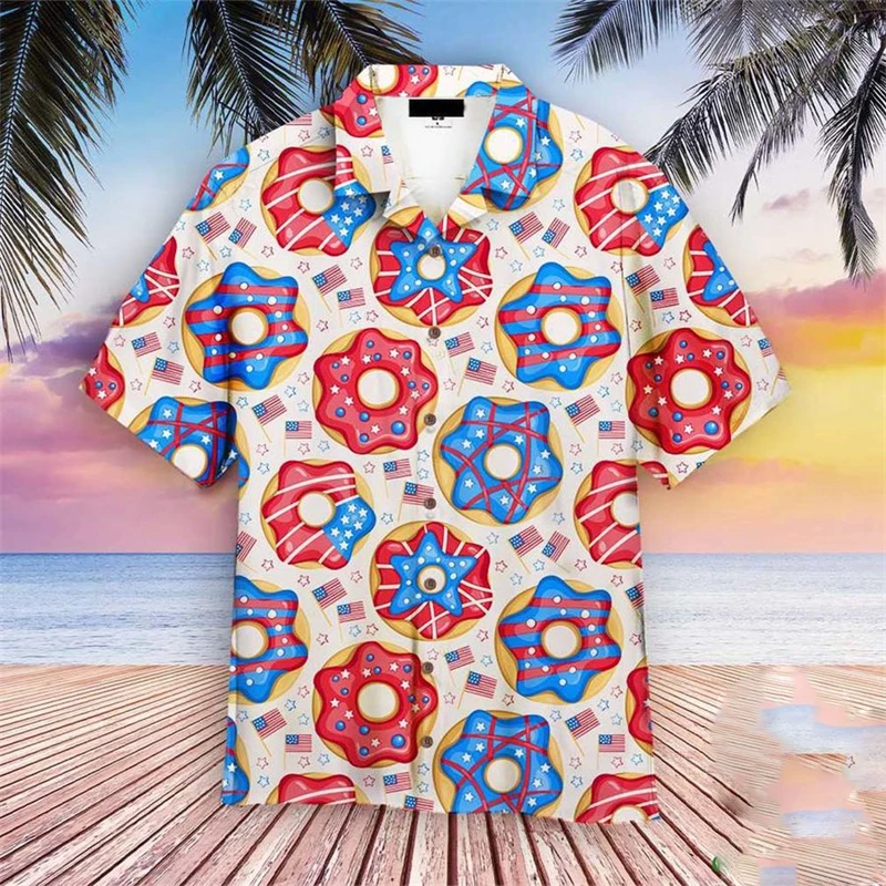 America Independence Day Street Shirt Unisex Colors Donut 3D Print Personality Short Sleeve Shirts Summer Loose Button Shirt