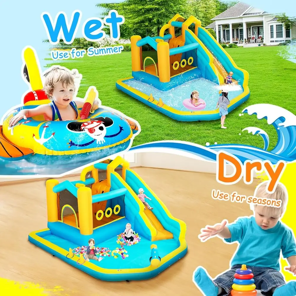 Nadmuchiwana zjeżdżalnia wodna dla dzieci, park wodny 8w1 z dmuchawą 450W, ściana wspinaczkowa, basen z wodą, kosz do koszykówki, wodna karabin, G