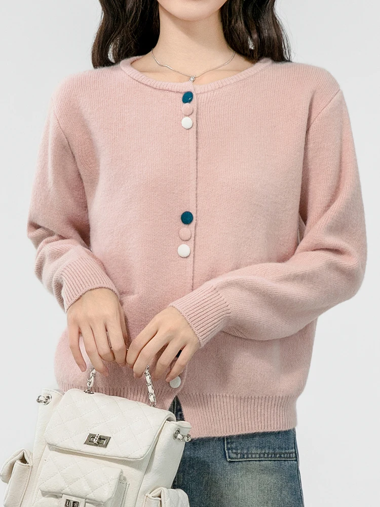 Women's Crew Neck Button Down Long Sleeve Cardigan Sweater Slim Pink Cardigans Tops Autumn Winter Outwear Korean Fashion Sweater