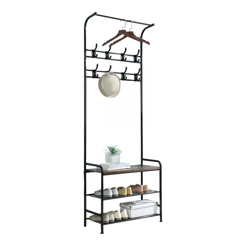 Metal hall coat rack shoe rack with bench storage iron rack