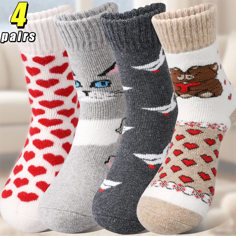 

4 пары милых женских шерстяных толстых носков, зимние носки до середины икры с изображением кота, медведя и сердца, плюшевые махровые вязаные термоноски, домашний пол