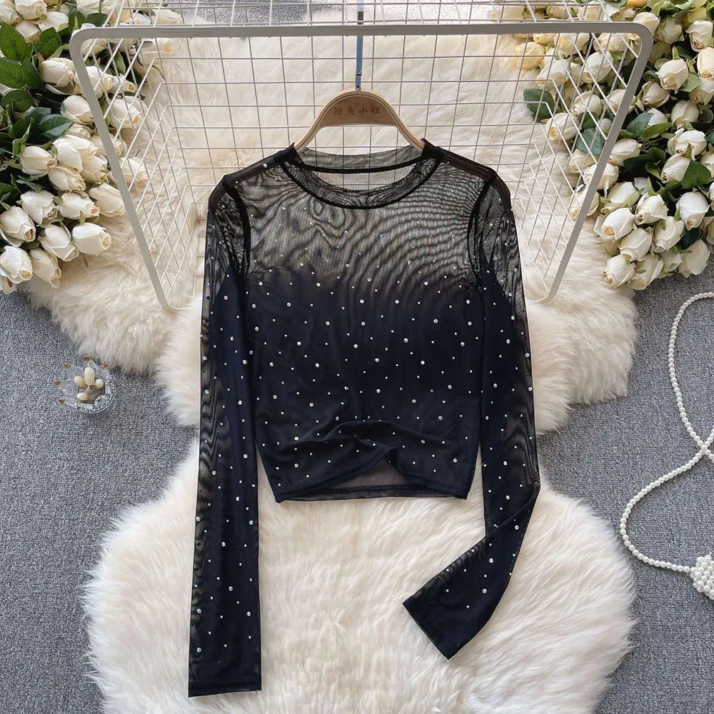 Transparent Mesh Sequin T Shirts Women Clothing Sexy Thin Tops Women See Through Pullover Femme Tops Tees Slim Bottoming Shirt