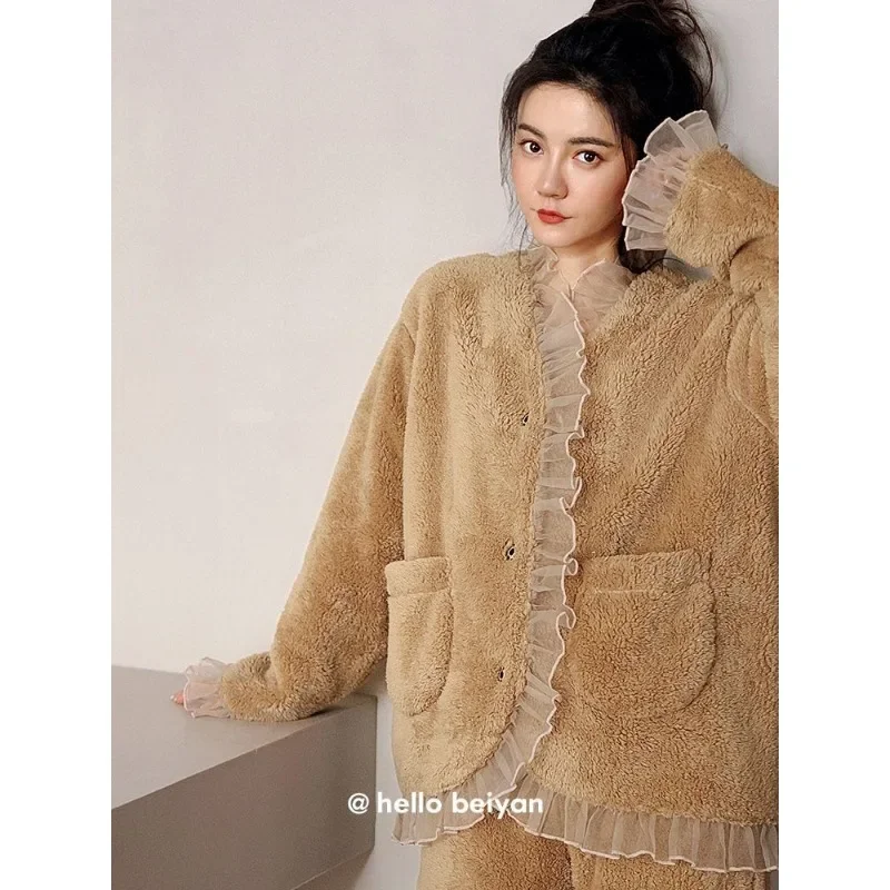 Wintertime Thickening Type Coral Fleece Pajamas Female Loose 150 Kg Lace Loungewear Tide Warmth Soft Fat Sister Extra Large Size