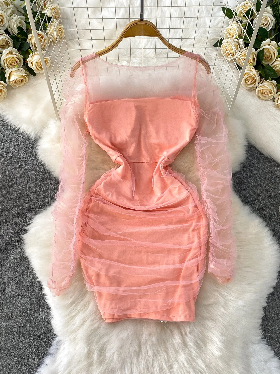 E vestido de malha de manga crida de cintura alta f design de verão slim-fit bodycon saia painéis transparen...