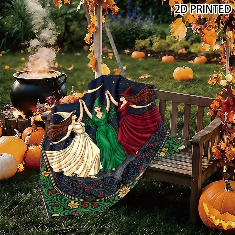 Halloween Witch Dance Print Throw Blanket, Floral Vine & Starry Night Moon Decorative Blanket, Soft Cozy Fall Decor Cover with M