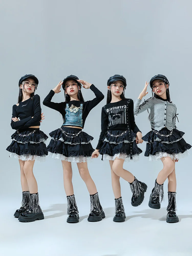 Hip Hop Sets Mädchen K-pop Goth Crop Top Spitze Prinzessin Tiered Röcke Kinder Streetwear Kinder Jazz Kostüm Street Dance kleidung