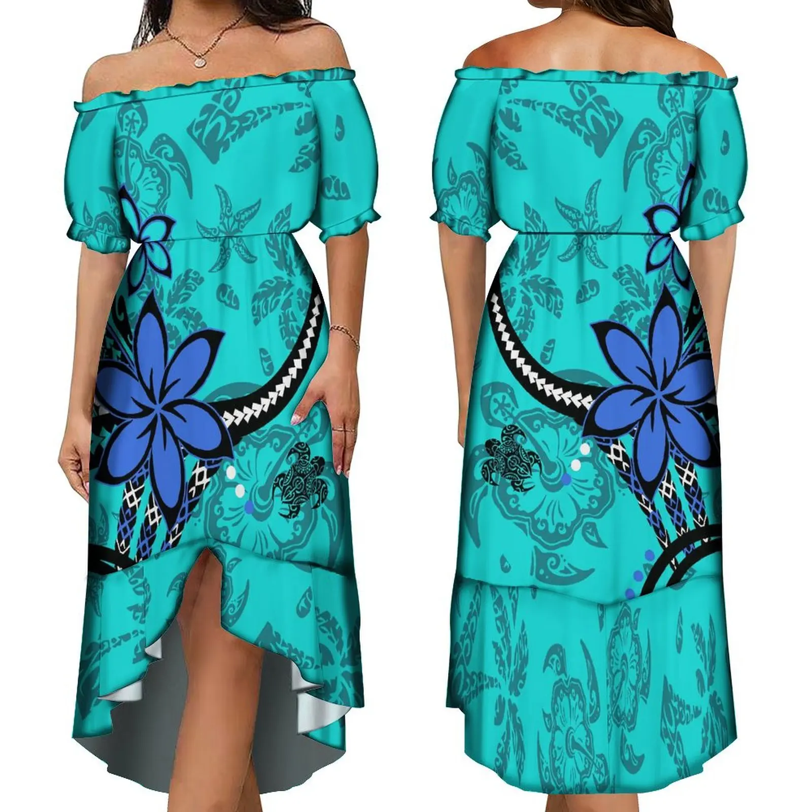 Samoa-Style Dress Fiji Island Custom Polynesian Print Summer Line-Neck Temperament Dress 2024 New Design Maxi Skirt