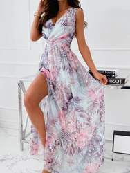 Vestido de gasa ajustado con cuello en V para mujer, traje Sexy sin mangas con abertura y Espalda descubierta, Vestido de playa con estampado Floral, moda de verano