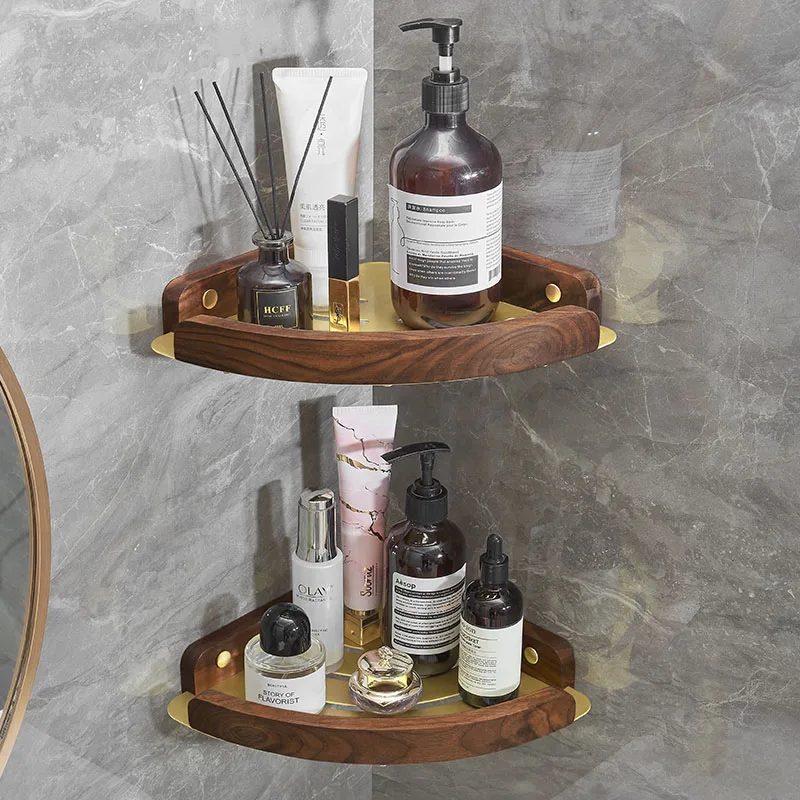 

Wood Bathroom Shelving Shampoo Shower Storage Rack Triangular Shelving Wall Mounted Bathroom Corner Shelf Aluminum Brushed gold