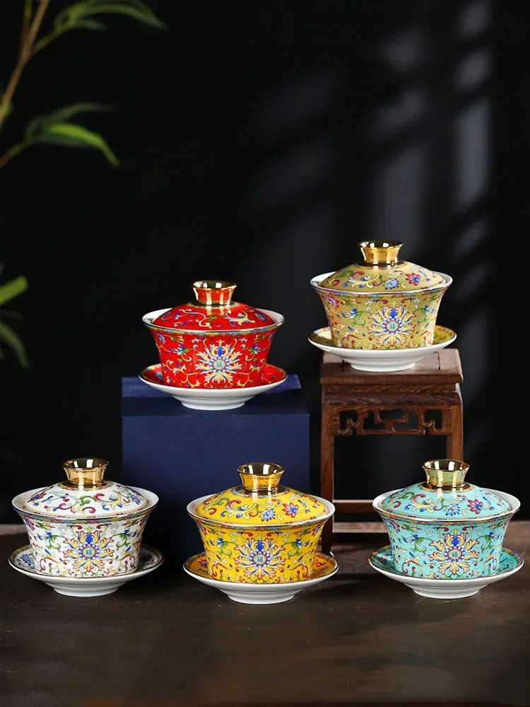 

Tea Bowl Round Handmade Ceramic Enamel with Lid Household Single Bone China 260ml Palace Style Set Gift Box Desktop Decoration