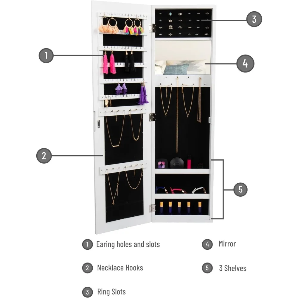 Jóias Organizador com Corpo Inteiro Espelho, Mind Reader, Armório de Armazenamento, Wall Mount, Madeira, Branco, 12,5 polegadas, L x 3,5 polegadas, W x 43,5 polegadas, H