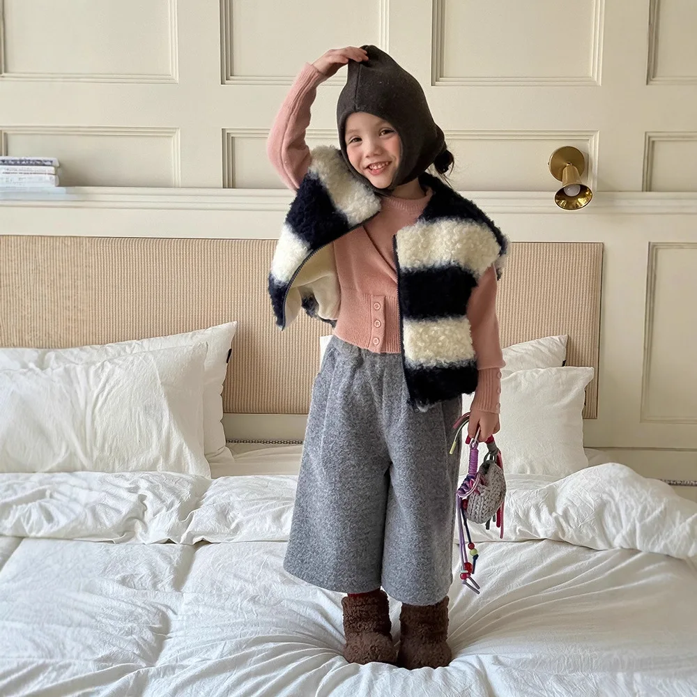 Mädchenpullover 2025, Winter, neue Kollektion, Taille, dreifarbig, langärmelig, Rundhalsausschnitt, Kapuzenpullover, süß und niedlich, vielseitig, für den Alltag