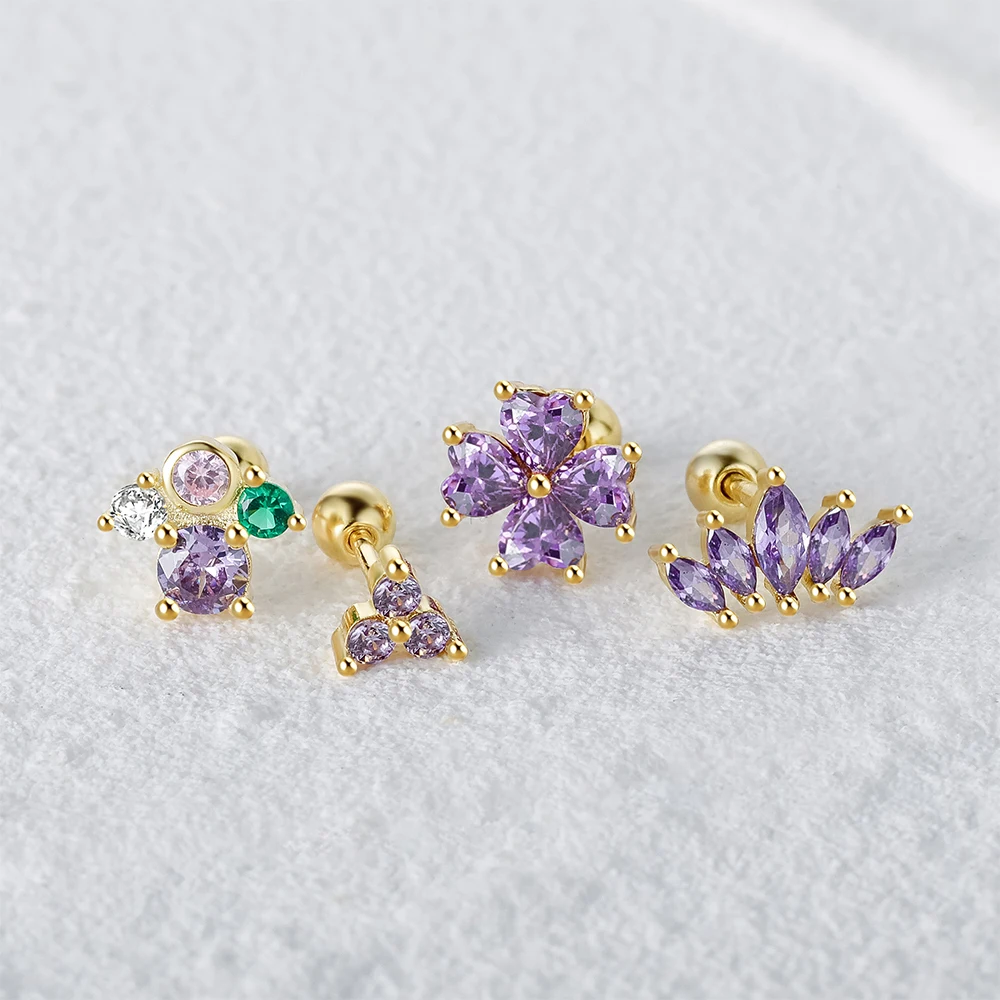 CANNER 2pcs Purple Zircon Enamel 925 Sterling Silver Piercing Stud Earrings Gold Color Ear Studs Cartilage Women Earings Jewelry