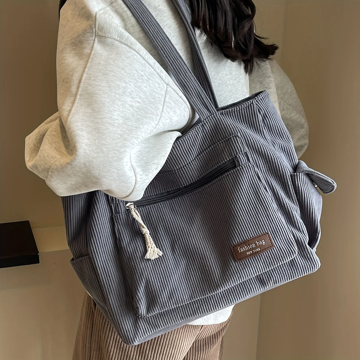 Einfache Cord-Einkaufstasche, einfarbige Umhängetasche, Retro-Handtasche mit mehreren Taschen für Schule, Arbeit, Einkaufen
