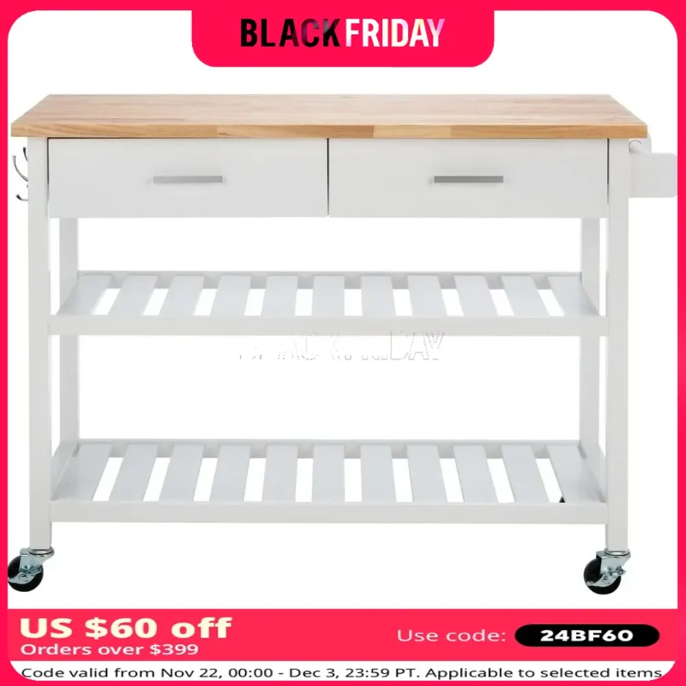 Home Collection Kiko White/Natural 2-Drawer 2-Shelf Trolley Kitchen Cart with Wheels