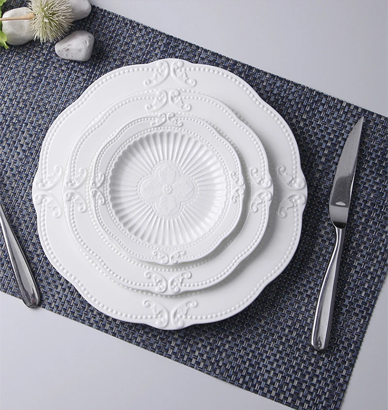 3pcs Set, 6+8+10inch, White Embossed Porcelain Charger Plates for Wedding, Nordic Ceramic Buffet Dinner Plate, Soup Set