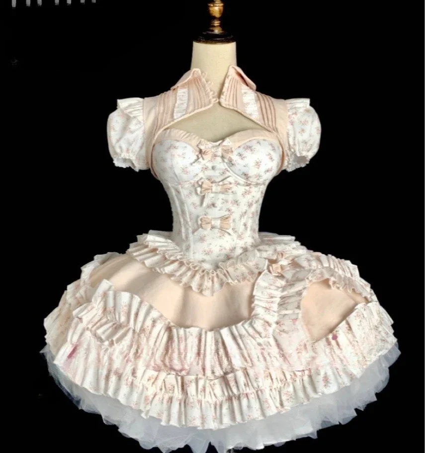 النمط الفرنسي الفتيات تنورة الأميرة مجموعة وتتسابق لوليتا الحلو المطبوعة فستان عيد ميلاد سليم القوس صديرية دائرية معطف الرأس نفخة تنورة 3 قطعة #2