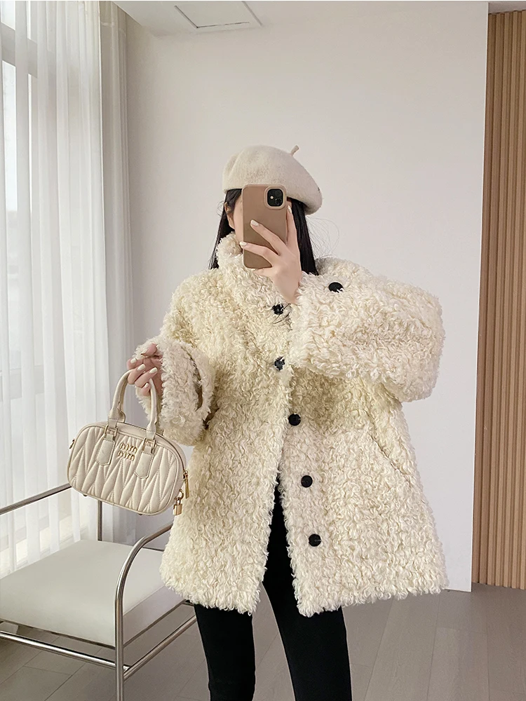 YAHI クリーミーホワイトラムファージャケット レディース 冬用 厚手 ミディアム丈 一体型レザーファーアウター シンプルスタイル 長袖