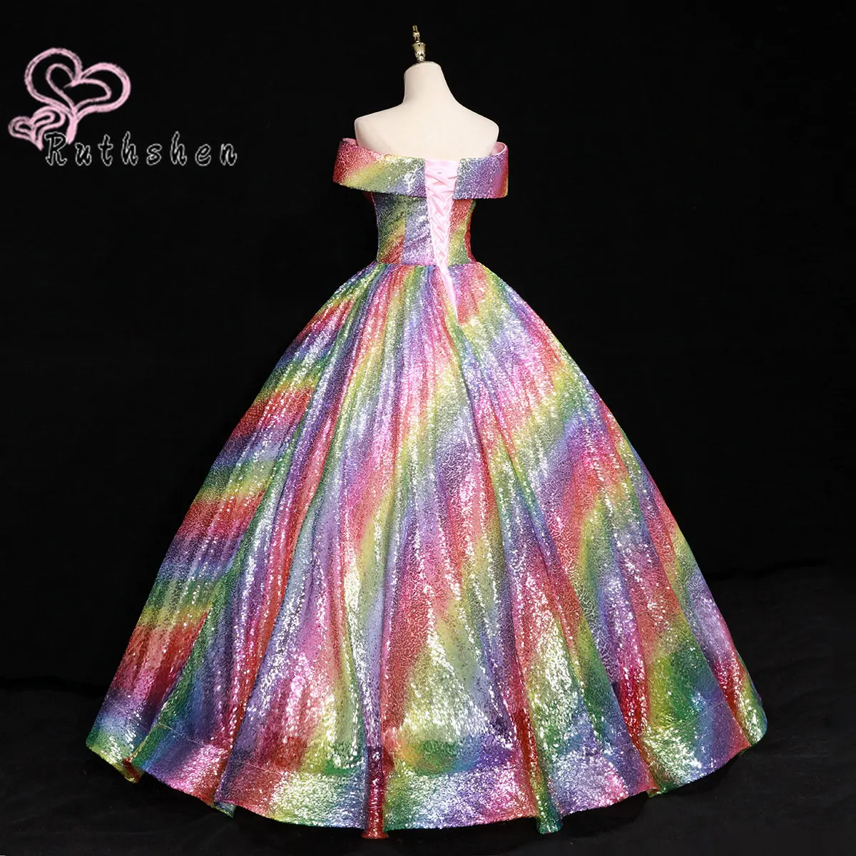 Rainbow Sequin Ball Gown 2023 Luxury Evening Dresses for Women Off The Shoulder Long Formal Occasion Prom Party Dress