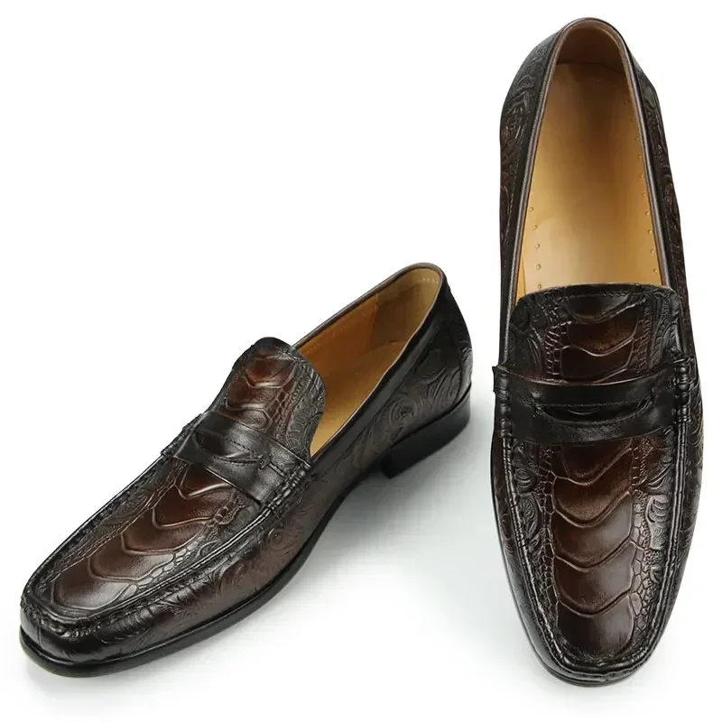 Genuine Leather Loafer Shoes for Men Vintage Handmade Comfortable Fashion Print Style Slip-on Size 46 Coffee Black Business Wear