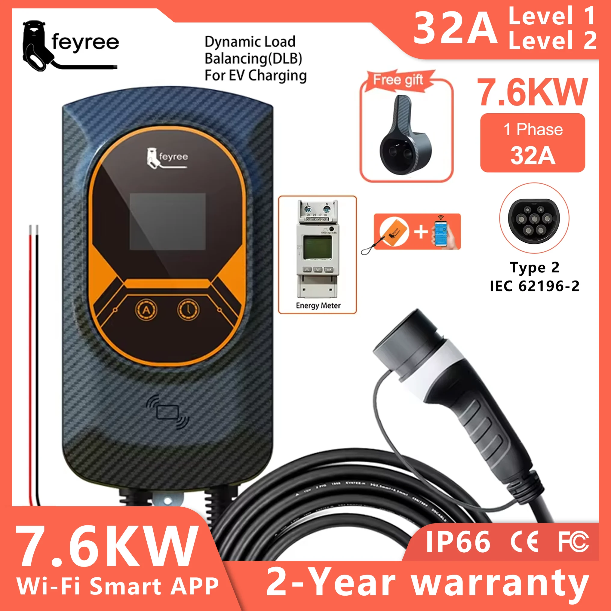 feyree EV Charger Type2 Cable 32A 7.6KW Dynamic Load Blancing EVSE Wallbox APP Function 11KW 22KW Charging Station Electric Car