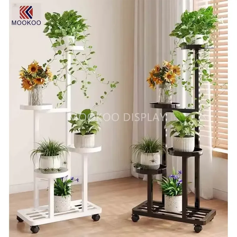 for MobiTier Multi Tier Rolling Plant Display Stand Black Metal Wood Mobile Flower Pot Rack With Lockable Casters