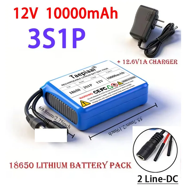 3S1P12V 10000mAh 18650 Lithium Ion Battery Pack with BMS + 12.6V Charger Super Large Capacity Rechargeable 12 Types Connectors