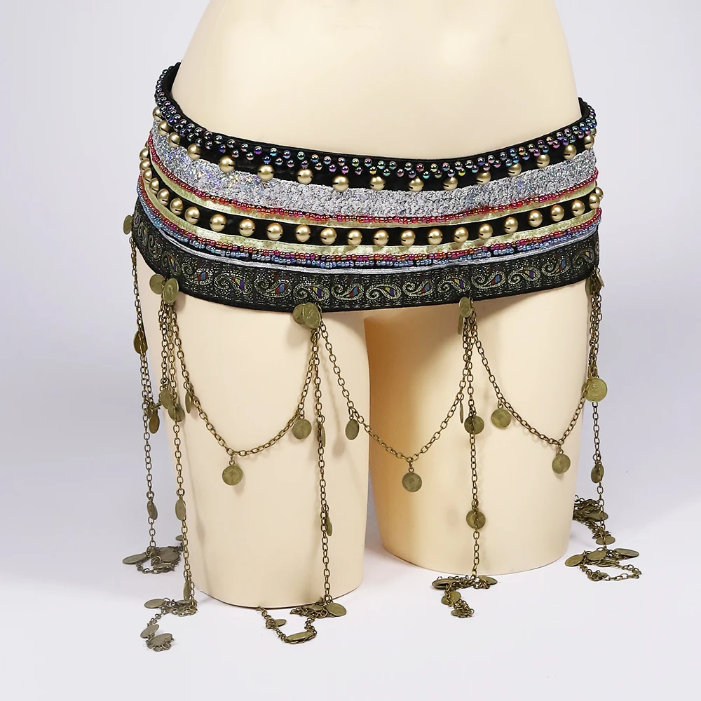 Restaurar dança do ventre tribal cintura quadril cachecol ajuste ajustável contas de bronze antigo moedas de ouro cinto de corrente com adesivo mágico