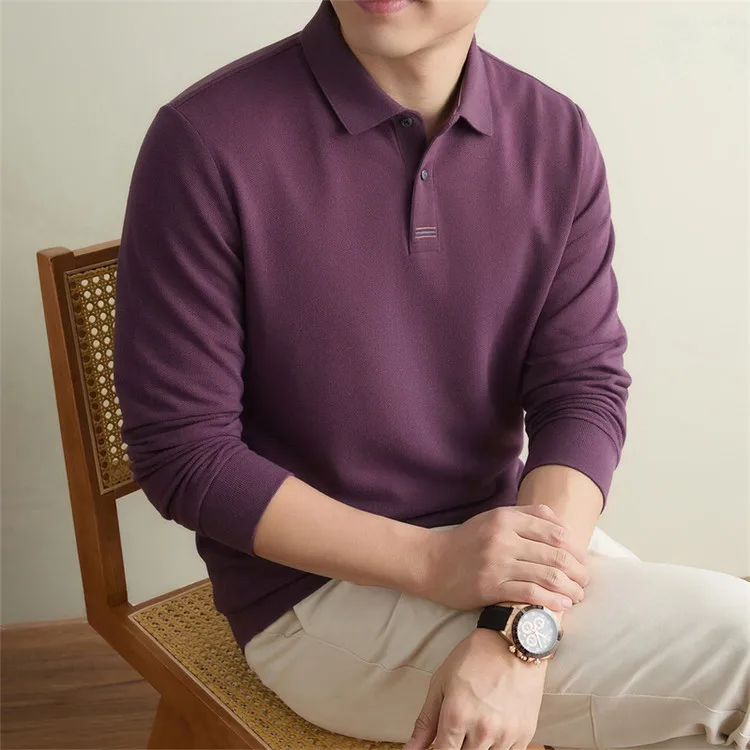 100% Mercerisierte Baumwolle Einfarbiges Business-Casual-Oberteil Herren Old Money Style Langarm-Poloshirt – Detail 21
