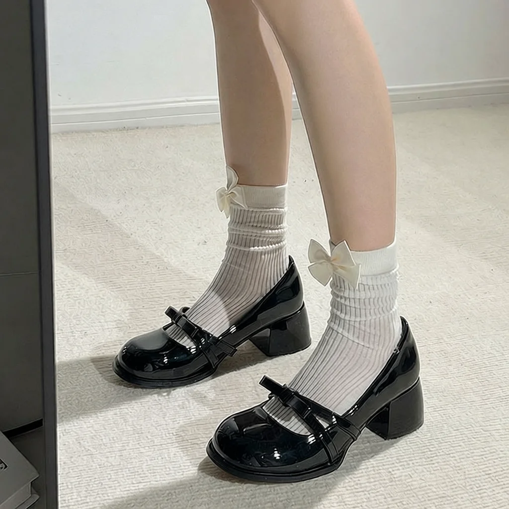 

Black Mary Janes Women's Shoes Sweet Cool Pure Desire Knot Heel School Style Fashion Single Shoes Rubber Outsole Daily Wear