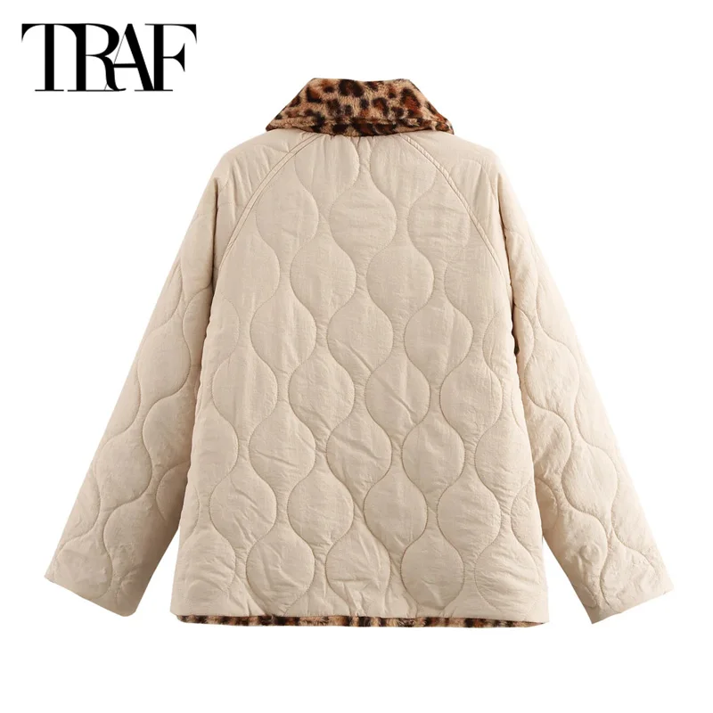 TRAF Leopard Quilted Parkas 2024 Women's Warm Winter Large Size Jacket Elegant Casual Long Sleeve Fleece Coat New In Outerwears