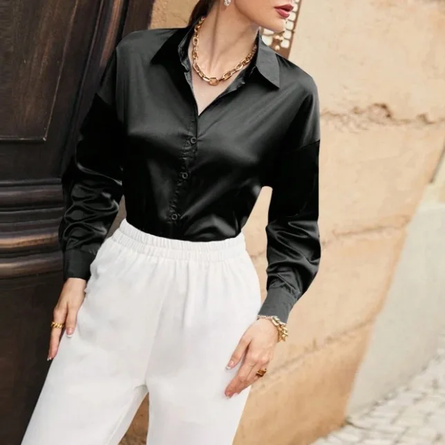 

Женская блузка с длинным рукавом, отложным воротником, элегантная офисная рубашка, шелковистая, гладкая, на пуговицах, повседневная, деловая, шикарная