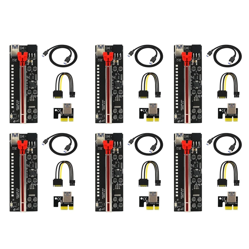 

6 Pcs Ver12 Pro PCIE Riser 1X to 16X Graphic Extension with 3528 Colorful Flash LED for BTC Mining Power Adapter Card