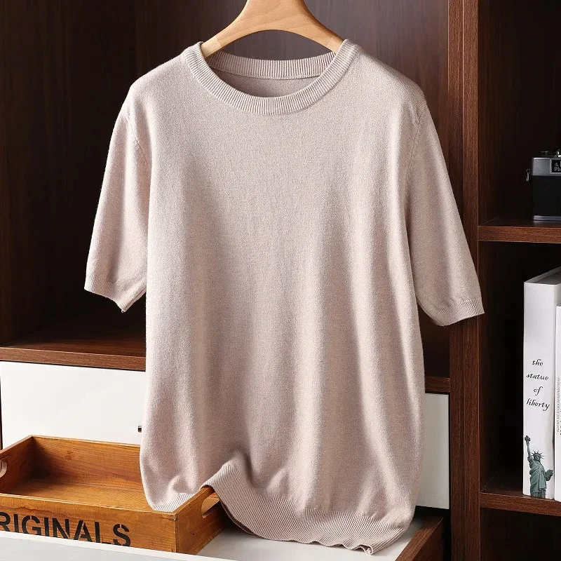 Superfine Merino Wool Knitted Short Sleeve Loose Large Size Round Neck T Half Sleeve Shirt Solid Color Simple Business Men Wear